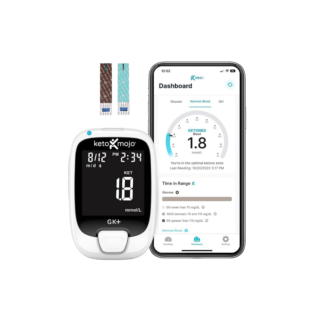 KETO-MOJO GK+ Kit de prueba Bluetooth de glucosa y cetona + aplicación gratuita para el manejo de cetosis y diabetes.